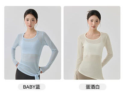 Plain Asymmetric Tie-Up Round Neck Long-Sleeved Tee