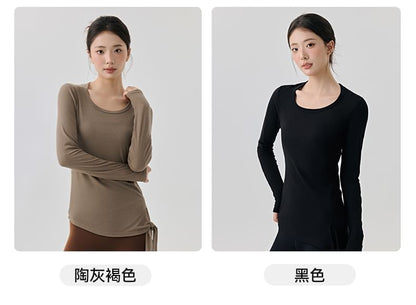 Plain Asymmetric Tie-Up Round Neck Long-Sleeved Tee