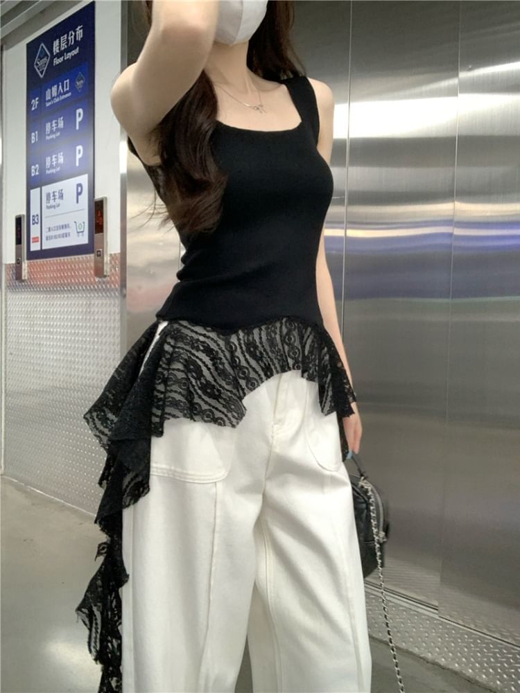 Plain Lace-Trim Square Neck Asymmetric Tank