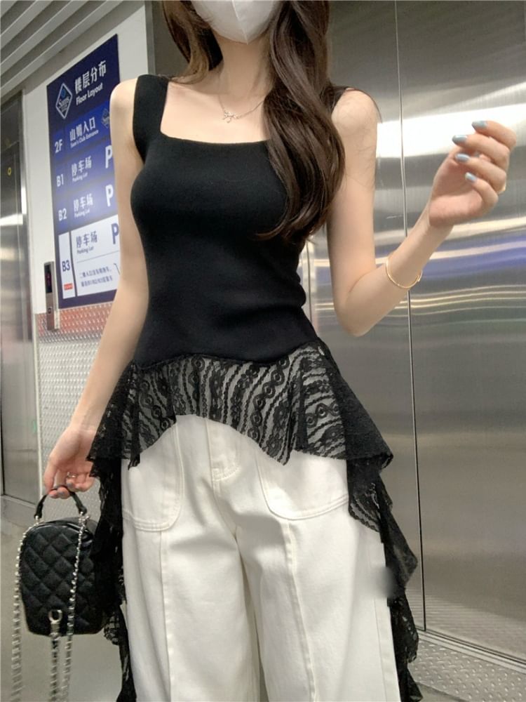 Plain Lace-Trim Square Neck Asymmetric Tank
