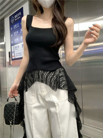 Plain Lace-Trim Square Neck Asymmetric Tank