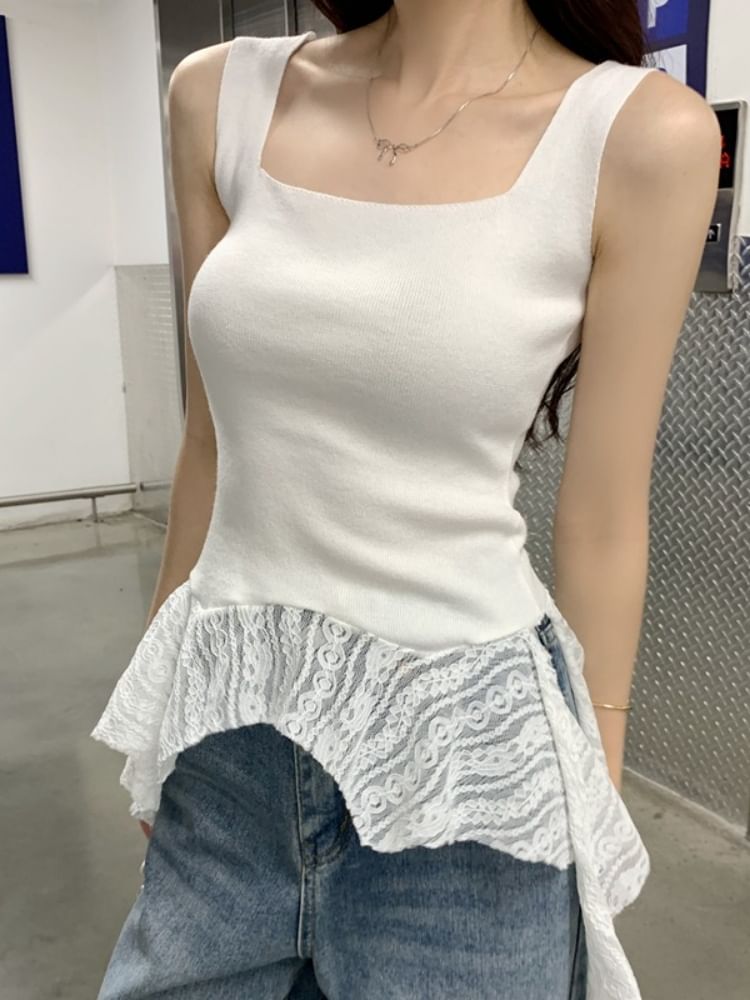 Plain Lace-Trim Square Neck Asymmetric Tank
