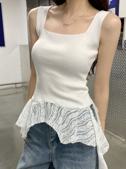 Plain Lace-Trim Square Neck Asymmetric Tank