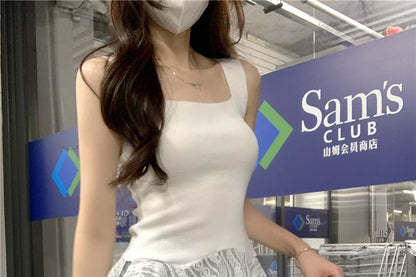Plain Lace-Trim Square Neck Asymmetric Tank