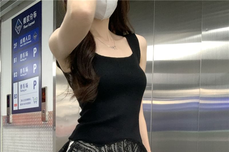 Plain Lace-Trim Square Neck Asymmetric Tank