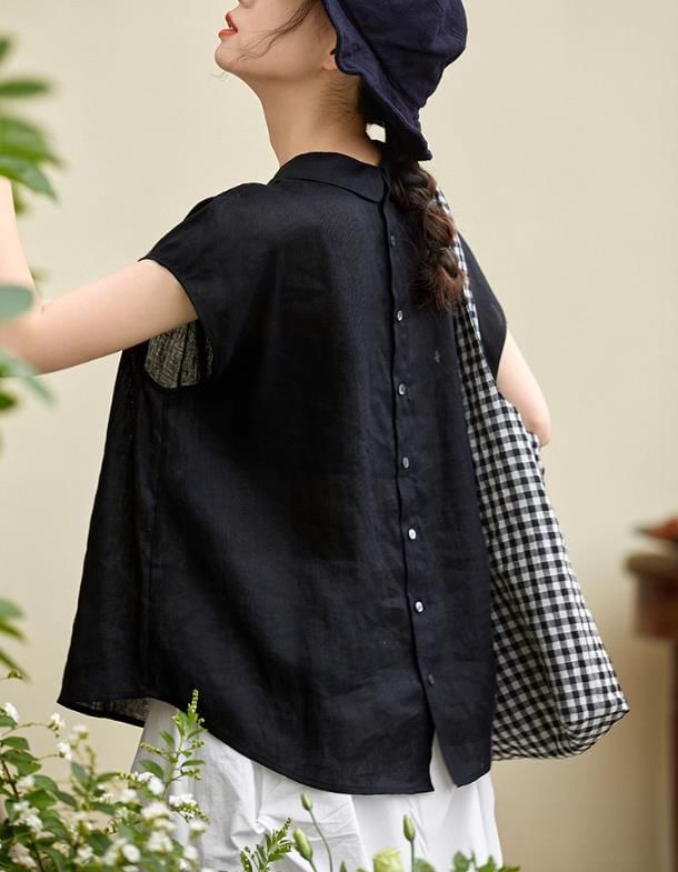Plain Button-Back Short-Sleeved Shirt