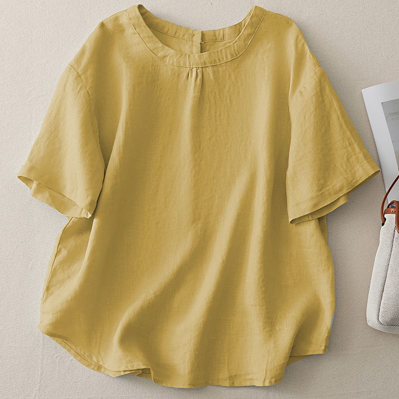 Crewneck Elbow-Sleeved Plain Blouse