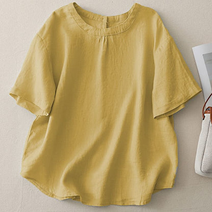 Crewneck Elbow-Sleeved Plain Blouse