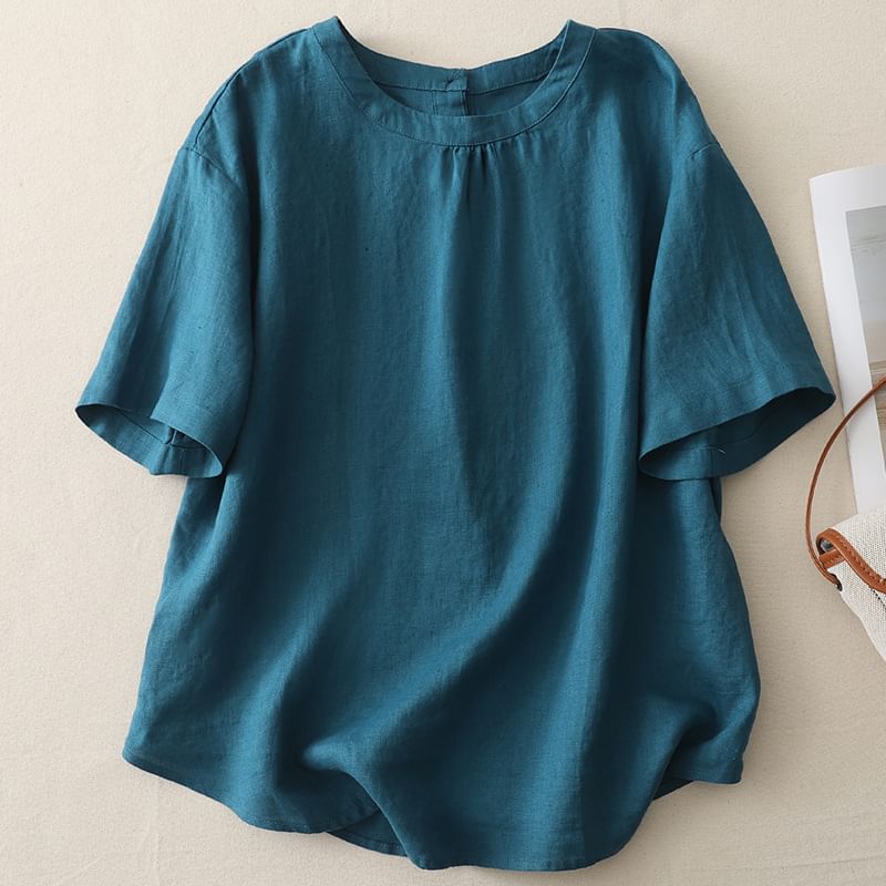 Crewneck Elbow-Sleeved Plain Blouse