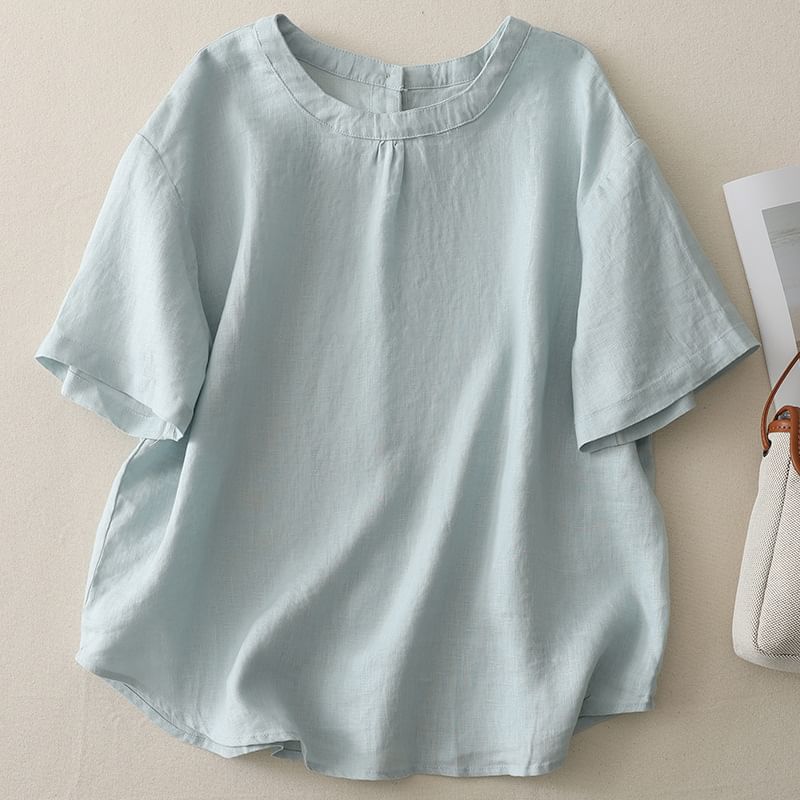 Crewneck Elbow-Sleeved Plain Blouse