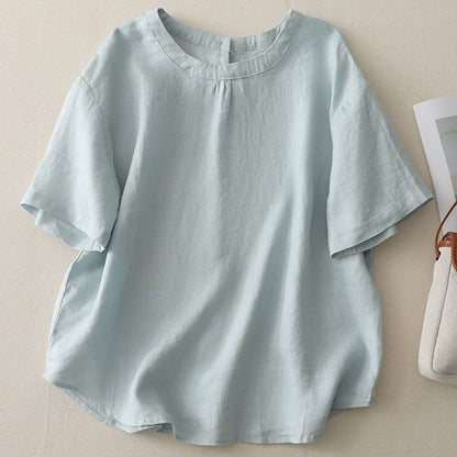 Crewneck Elbow-Sleeved Plain Blouse