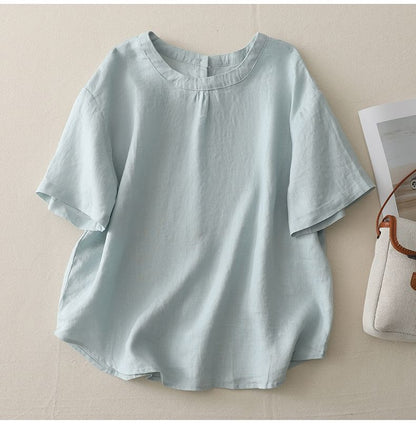 Crewneck Elbow-Sleeved Plain Blouse