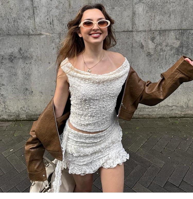 Off-Shoulder Lace Crop Top + Mini Skirt Set