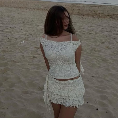 Off-Shoulder Lace Crop Top + Mini Skirt Set