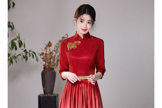 3/4-Sleeve Embroidered Gradient Evening Gown