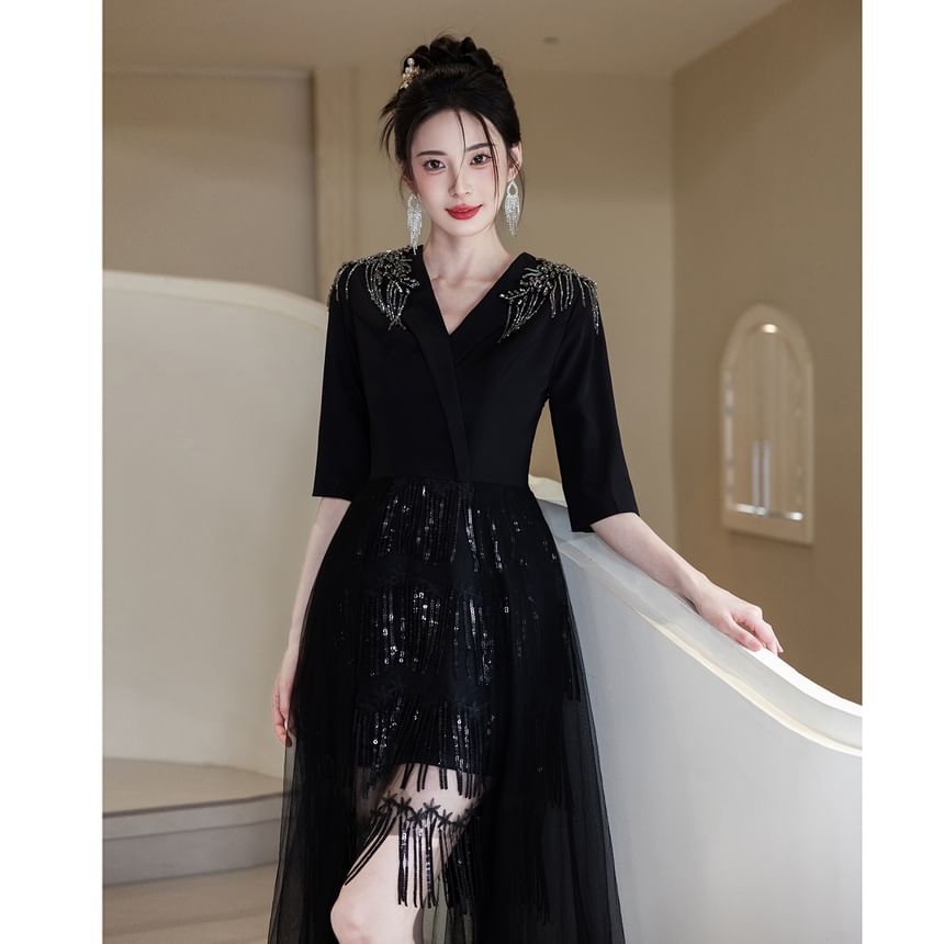 Rhinestone Gown Evening A-Line Elbow-Sleeve Glitter