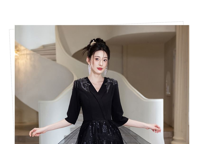 Elbow-Sleeve Rhinestone Glitter A-Line Evening Gown