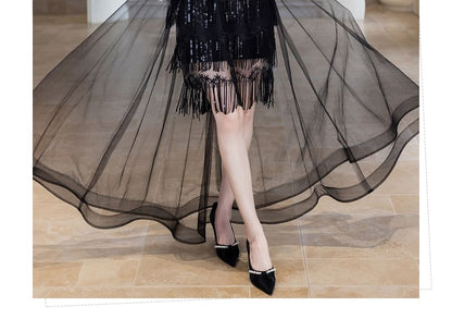 Elbow-Sleeve Rhinestone Glitter A-Line Evening Gown