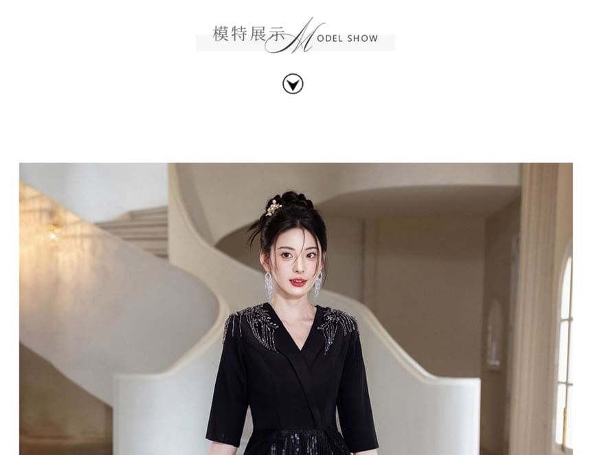 Rhinestone Gown Evening A-Line Elbow-Sleeve Glitter