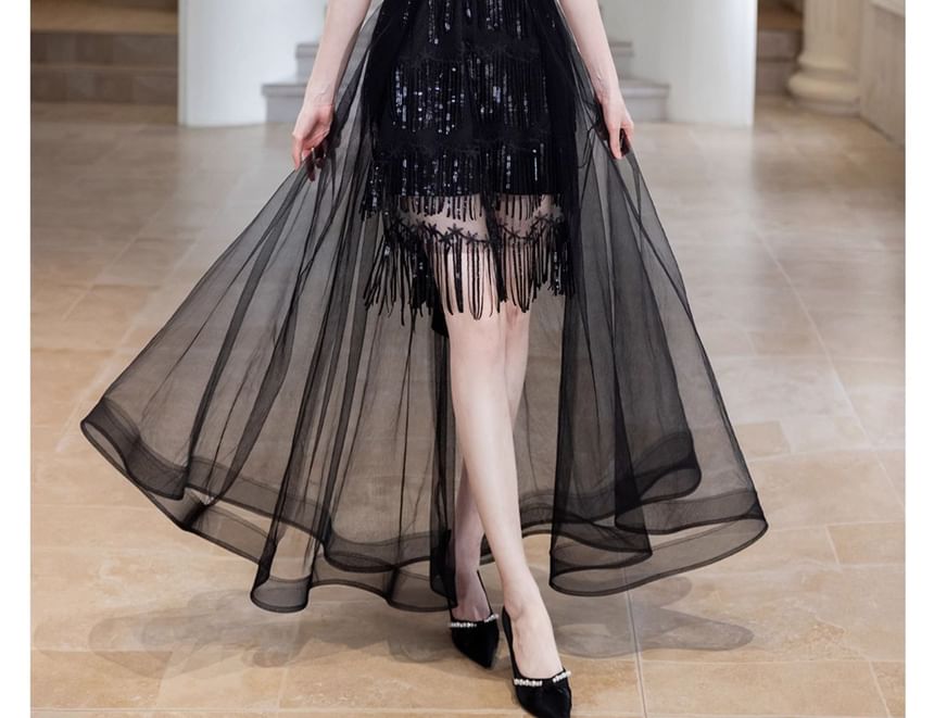 Elbow-Sleeve Rhinestone Glitter A-Line Evening Gown