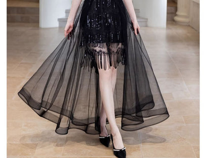Elbow-Sleeve Rhinestone Glitter A-Line Evening Gown