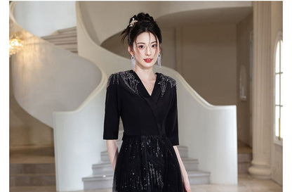 Rhinestone Gown Evening A-Line Elbow-Sleeve Glitter