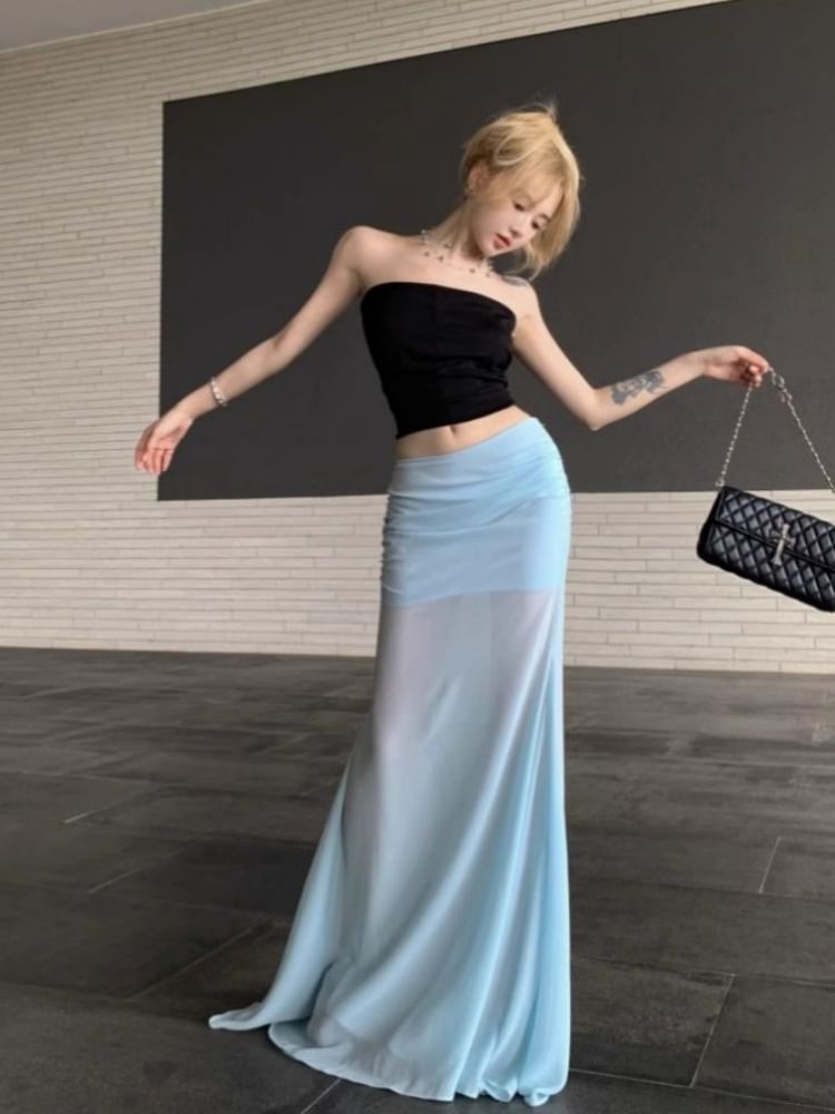 Set with Cropped Tube Top and Ruched Mesh Mermaid Maxi Skirt