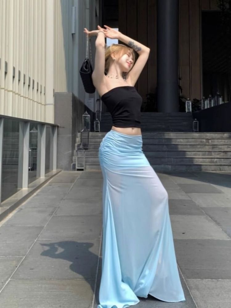 Set with Cropped Tube Top and Ruched Mesh Mermaid Maxi Skirt