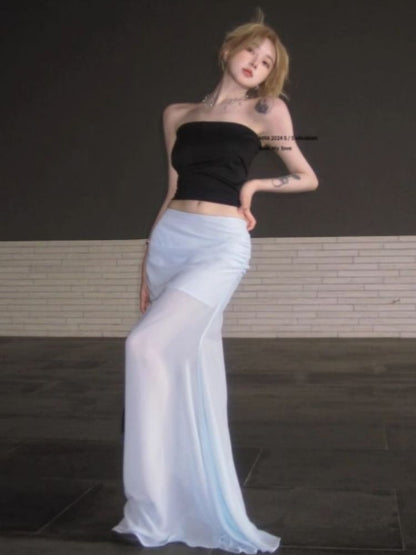 Set with Cropped Tube Top and Ruched Mesh Mermaid Maxi Skirt