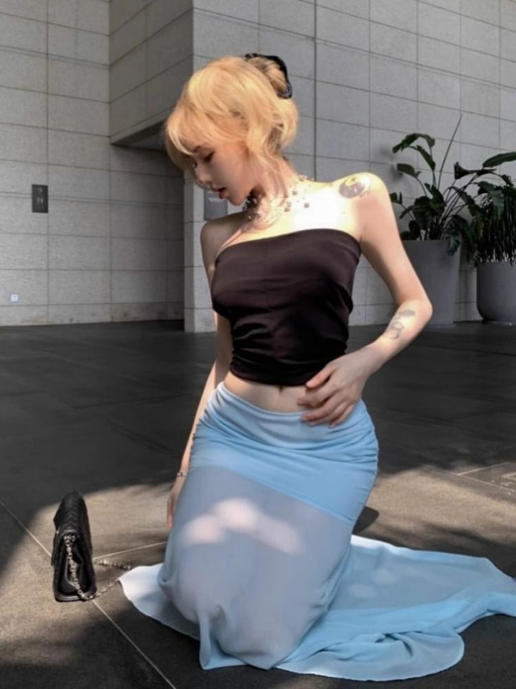 Set with Cropped Tube Top and Ruched Mesh Mermaid Maxi Skirt