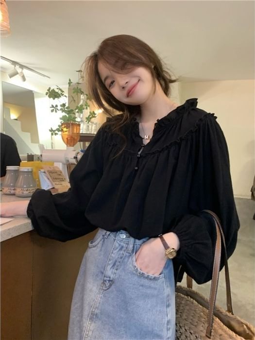 Plain Frill-Trim Long-Sleeved Blouse