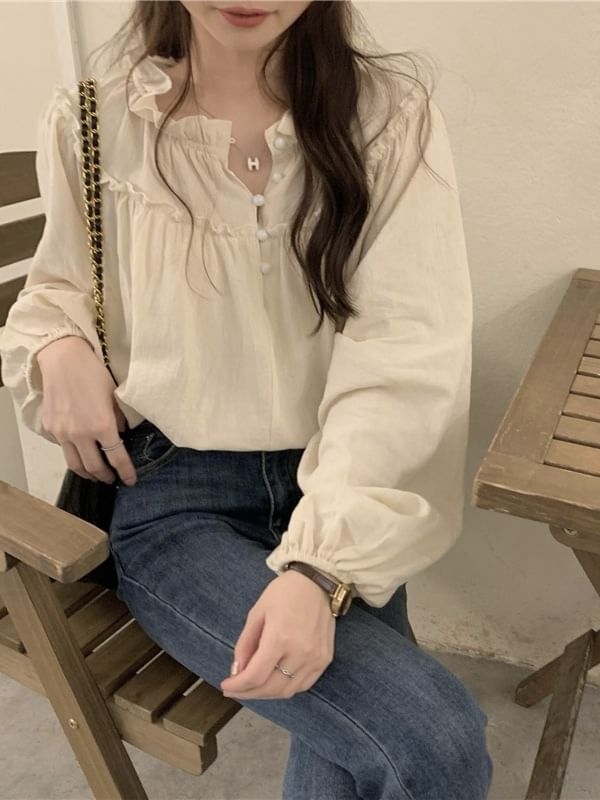 Plain Frill-Trim Long-Sleeved Blouse