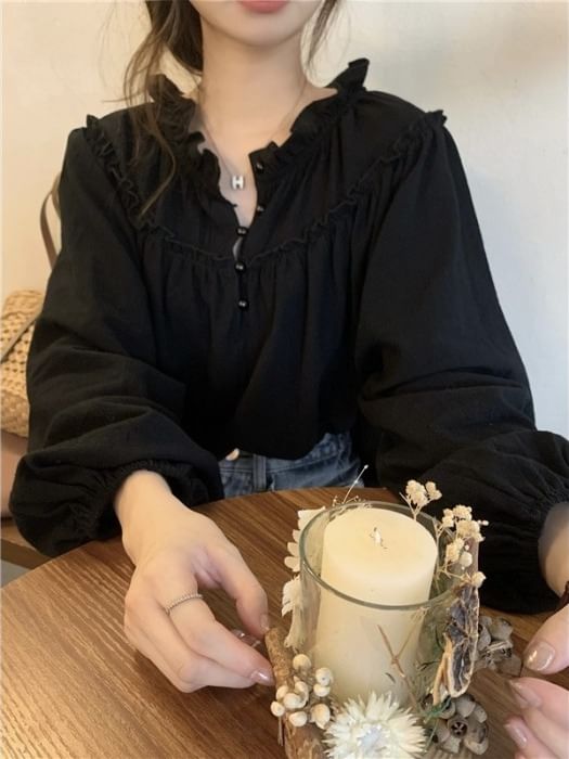 Plain Frill-Trim Long-Sleeved Blouse