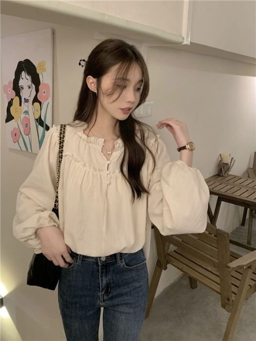 Plain Frill-Trim Long-Sleeved Blouse