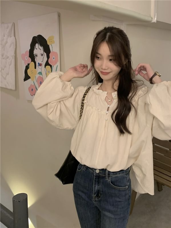 Plain Frill-Trim Long-Sleeved Blouse