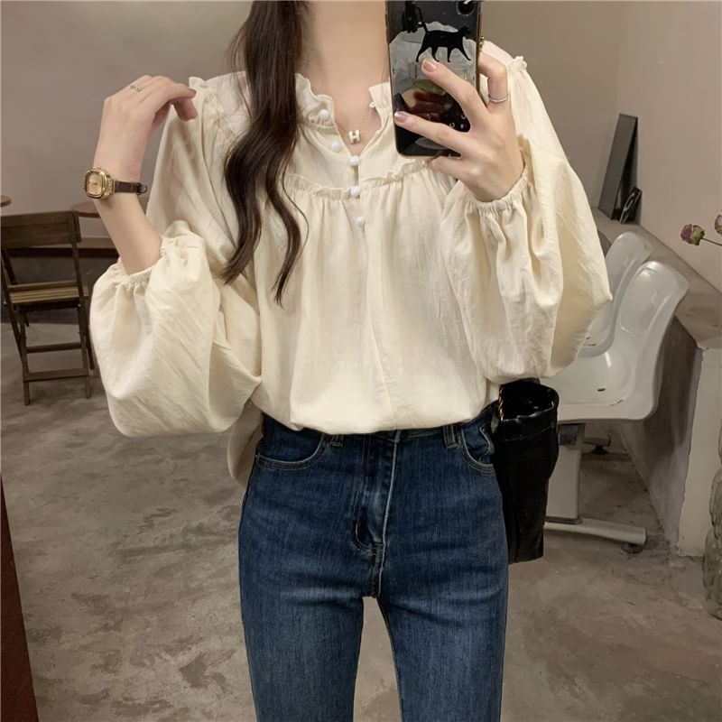 Plain Frill-Trim Long-Sleeved Blouse