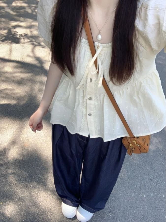 Plain Lace-Trim Scoop Neck Peplum Blouse