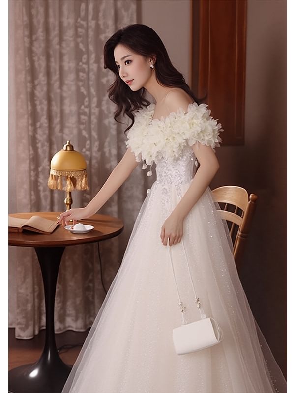 Off Shoulder Embellished A-Line Evening Gown Flower
