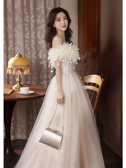 Off Shoulder Embellished A-Line Evening Gown Flower