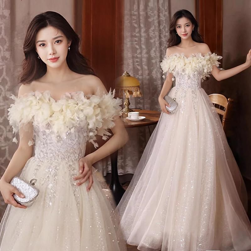 Off Shoulder Embellished A-Line Evening Gown Flower