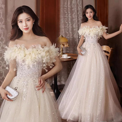 Off Shoulder Embellished A-Line Evening Gown Flower