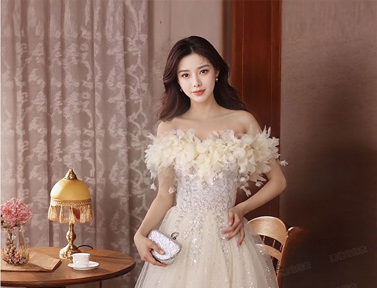 Off Shoulder Embellished A-Line Evening Gown Flower