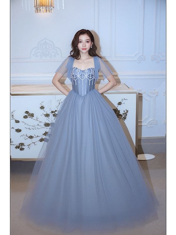 Rhinestone Neck Short-Sleeve A-Line Evening Plain Square Gown