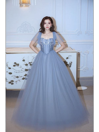 Rhinestone Neck Short-Sleeve A-Line Evening Plain Square Gown