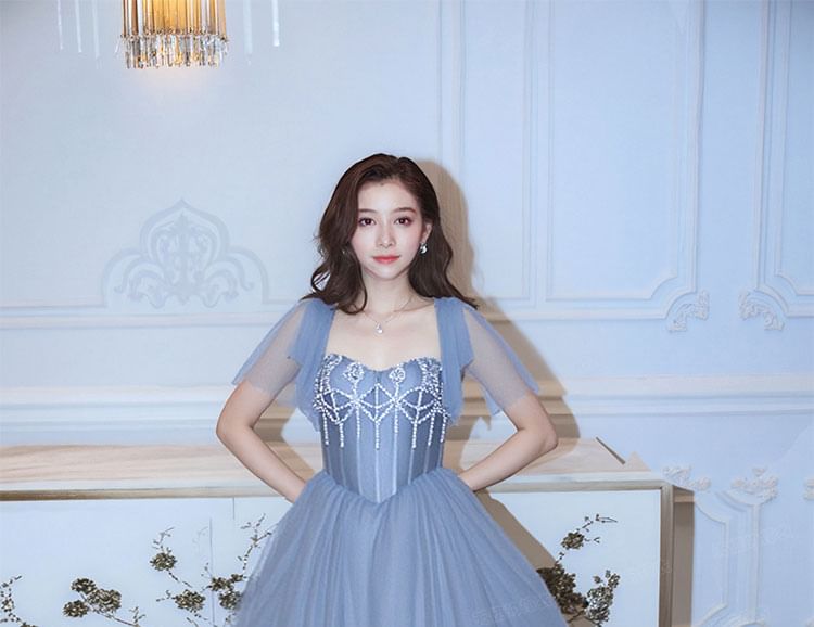 Rhinestone Neck Short-Sleeve A-Line Evening Plain Square Gown