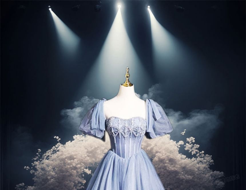 Rhinestone Neck Short-Sleeve A-Line Evening Plain Square Gown