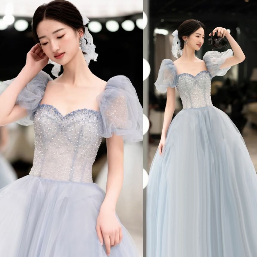 Puff Sleeve Sweetheart Neck A-Line Evening Gown