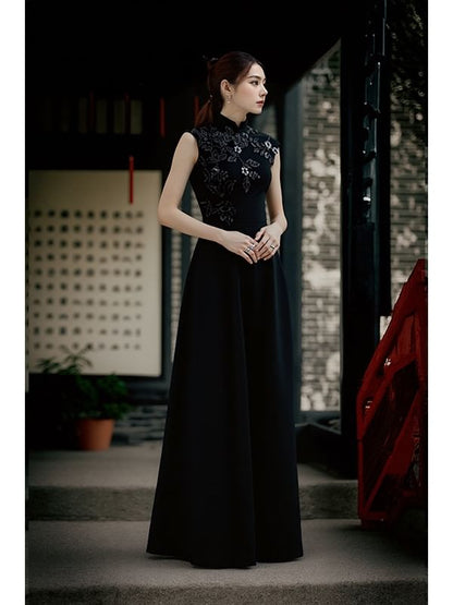A-Line Evening Embroidered Floral Gown Neck Mock Sleeveless