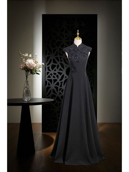 A-Line Evening Embroidered Floral Gown Neck Mock Sleeveless