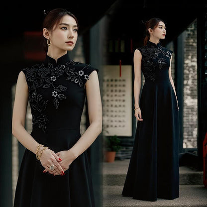 A-Line Evening Embroidered Floral Gown Neck Mock Sleeveless